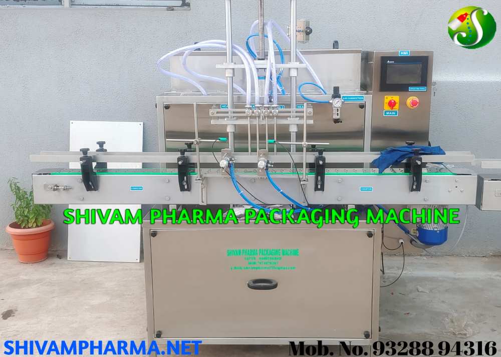 Front view of the Automatic Servo Based Liquid Filling Machine SLF-120 by Shivam Pharma Packtech